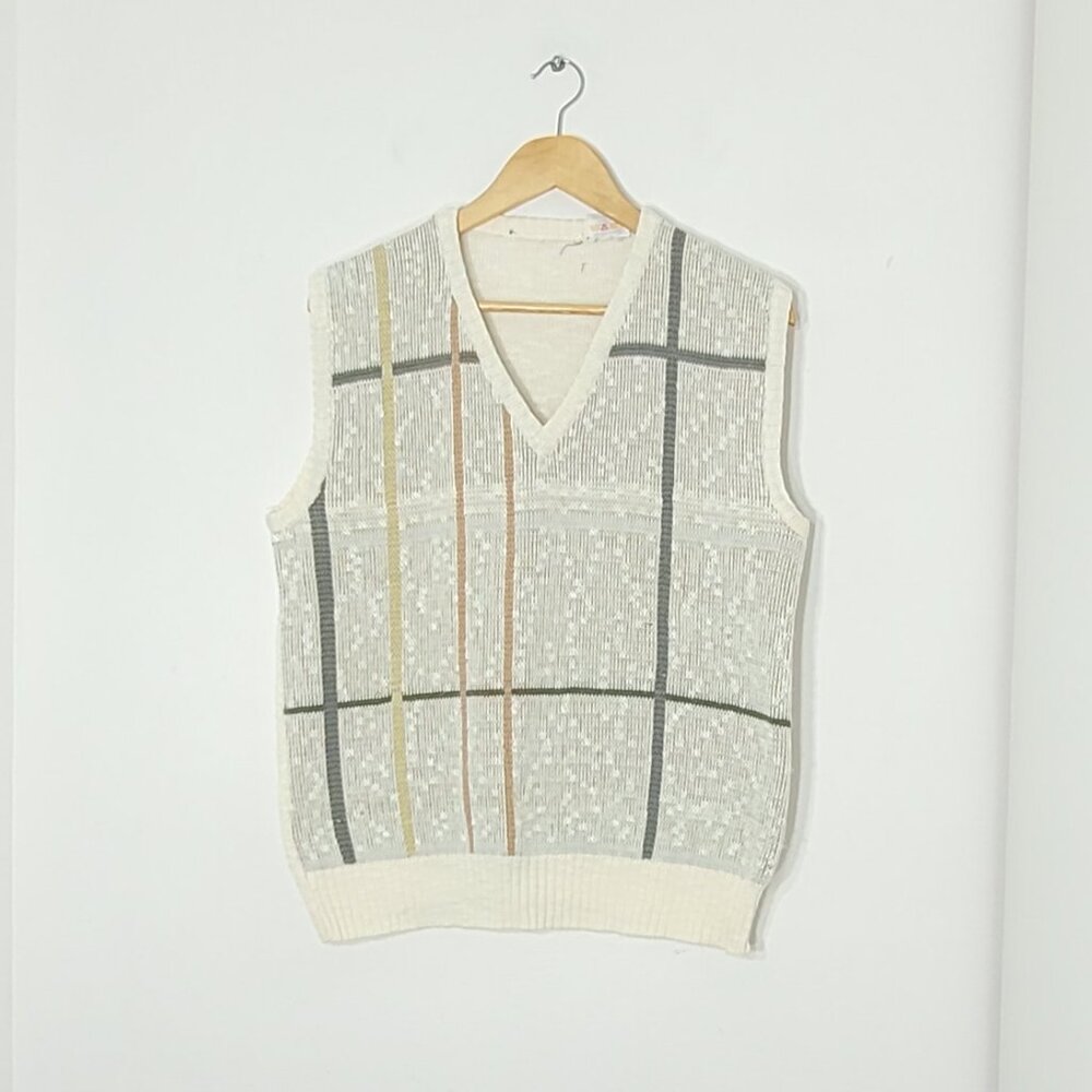 Vintage Knitted Ivory Yellow Striped Green Cotton Blend V-Neck Sleeveless Vest